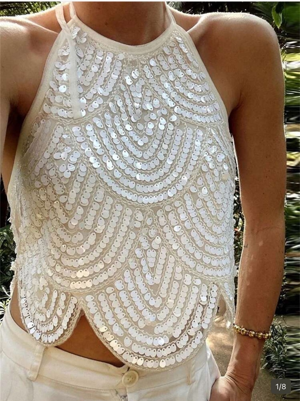 Ivory Sequin Halter Backless Top
